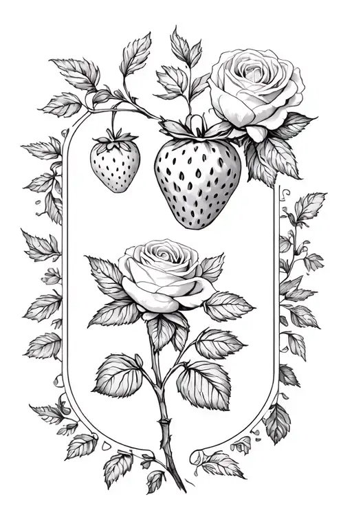 postage stamp including strawberries and roses blooming tattoo design idea