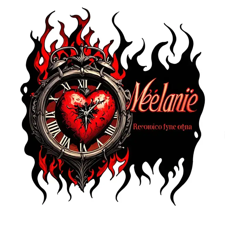 "Mélanie" clock heart in flame tattoo design idea