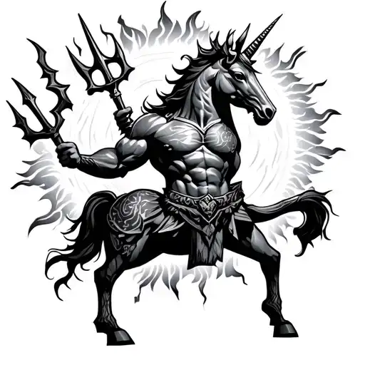 black muscled warrior Capicorn figure, with thron crown, holding a big trident surround by lightning, surround by sun tattoo design idea