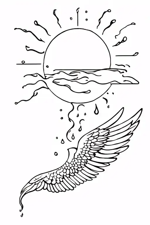 an icarus tattoo featuring one wing with the wax melting, the sun, and the ocean. DO not include his face or body tattoo design idea