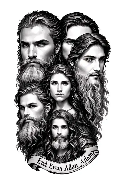 viking family tattoo design incorporating the names Erick Emily Amy Adam Allie Evan Aiden tattoo design idea
