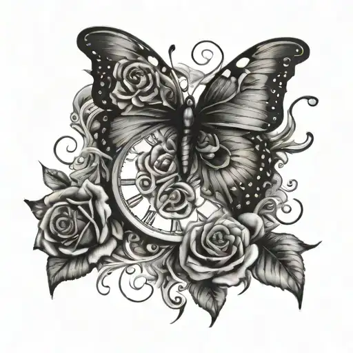 roses butterfly watch surrounded tattoo design idea