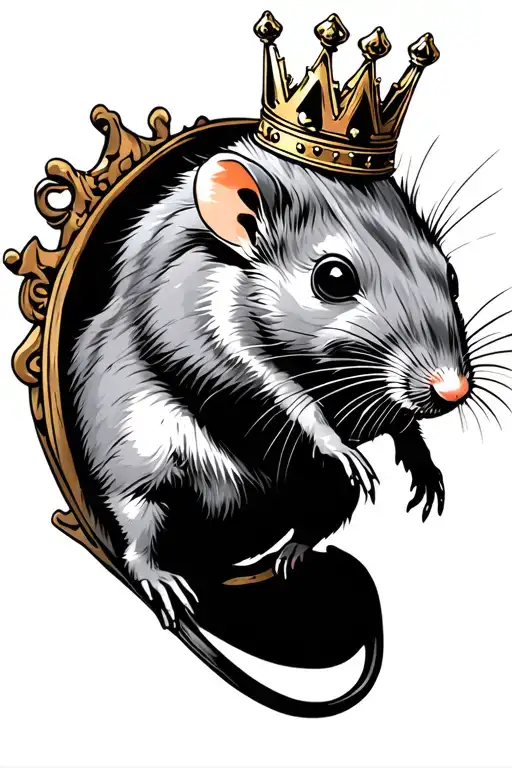 an agressive rat wearing a crown, climbing tattoo design idea