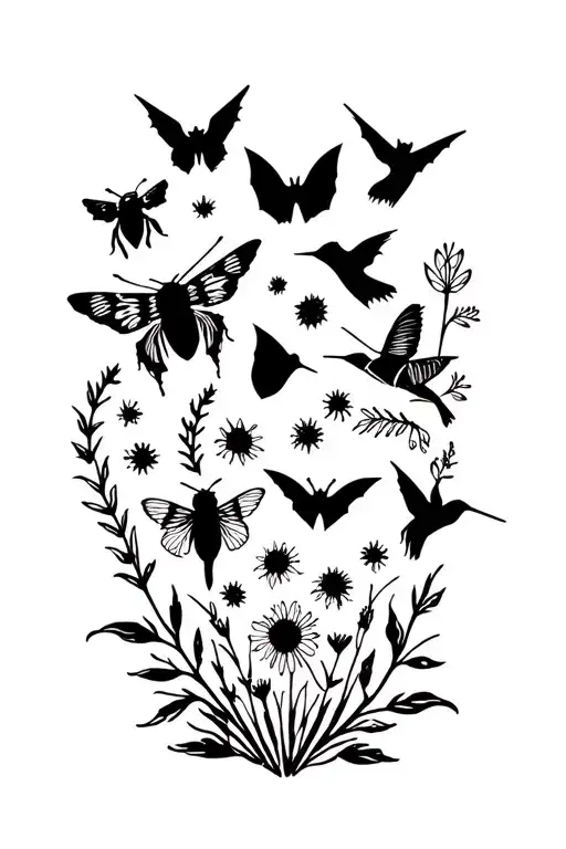 bumblebee, moth, monarch butterfly, brown bat, black beetle, & hummingbird with wildflowers in background tattoo design idea