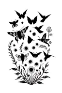 bumblebee, moth, monarch butterfly, brown bat, black beetle, & hummingbird with wildflowers in background tattoo design idea
