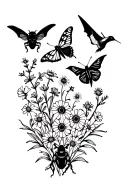 bumblebee, moth, monarch butterfly, brown bat, black beetle, & hummingbird with wildflowers in background tattoo design idea
