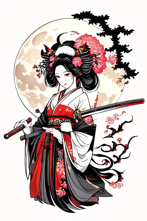 sakura and moon w/ demon geisha holding a katana anime design tattoo design idea