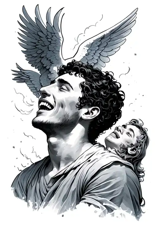 man looking up at angels smiling while he's crying tattoo design idea