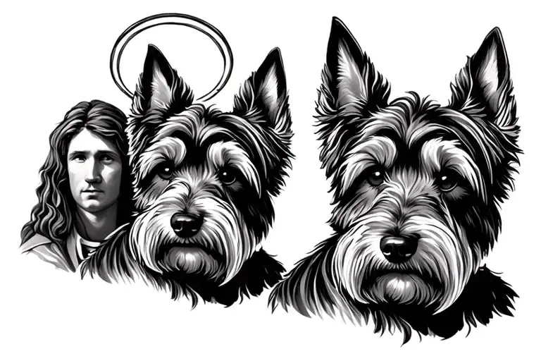 Scottie dog with a human with a halo above both of them tattoo design idea