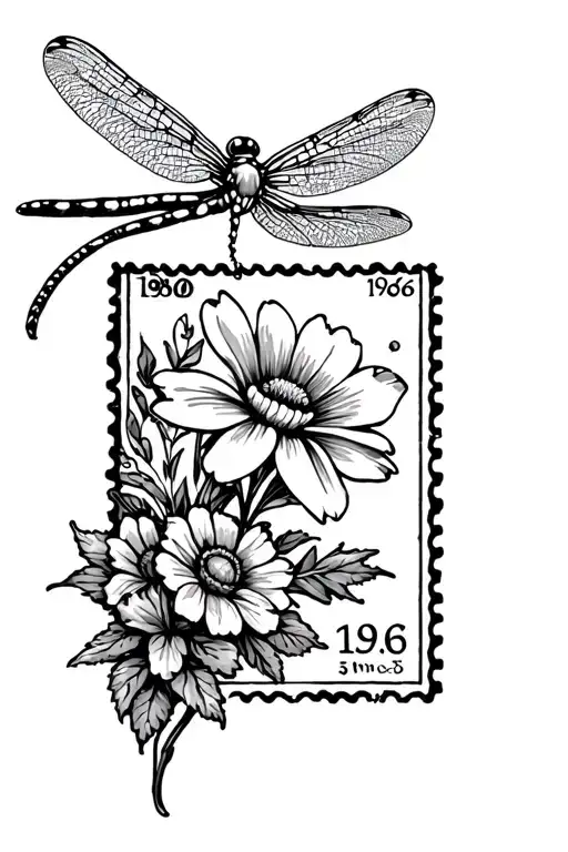 A dragonfly, flowers, a postage stamp with a flower in it, the date 1986, a cross anything else to fill in the gaps tattoo design idea