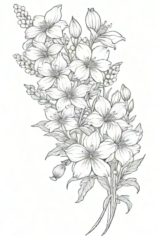 violets, Lily of valleys, cosmos flower bouquet tattoo design idea