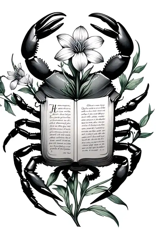 crab holding a book and larkspur flower tattoo design idea