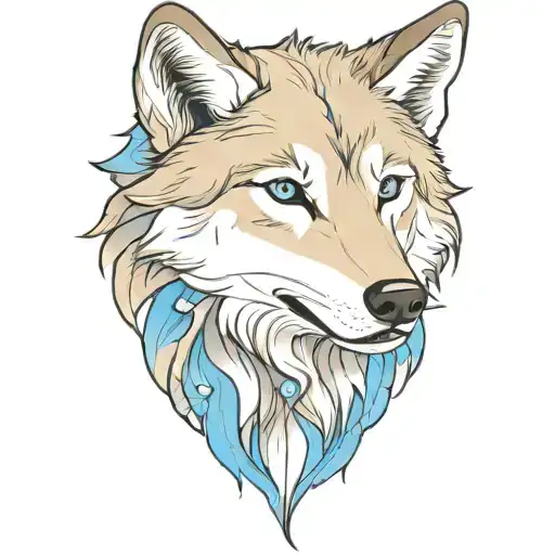 happy tongue gray wolf puppy with blue eyes surrounded tattoo design idea