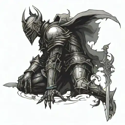 On the forearm, a knight kneeling in armor, a sword in his hand, a healthy dark silhouette of a devil towering above him tattoo design idea