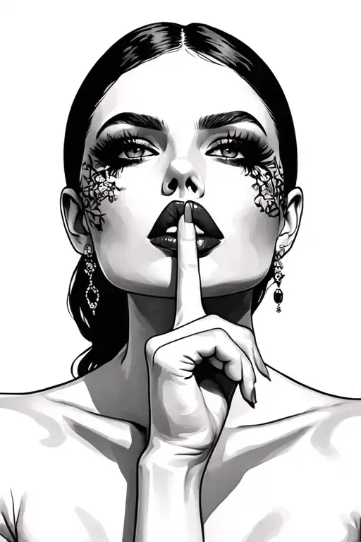 Realistic woman, eyes hidden, finger to lips in 'shh' pose, mysterious and tattoo design idea