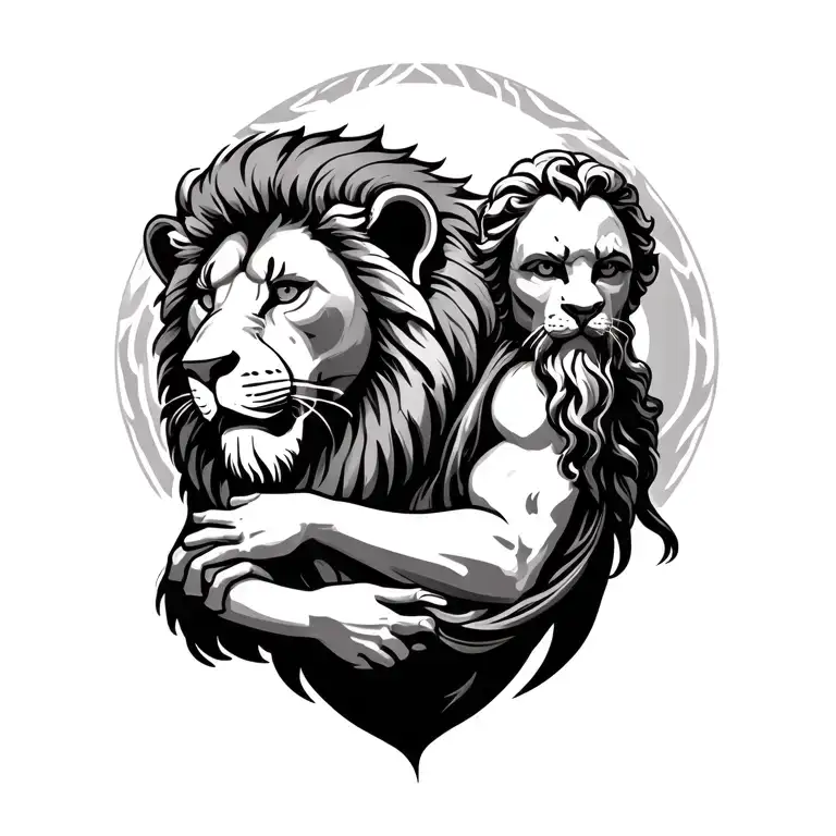 Lion and god holding tattoo design idea