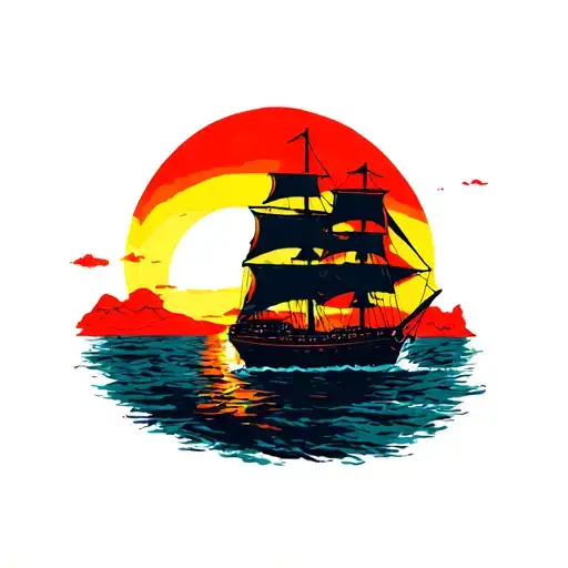 "Red sails in the sunset" Show me a small tattoo idea of a sail ship in front of a sunset with red sails.  tattoo design idea