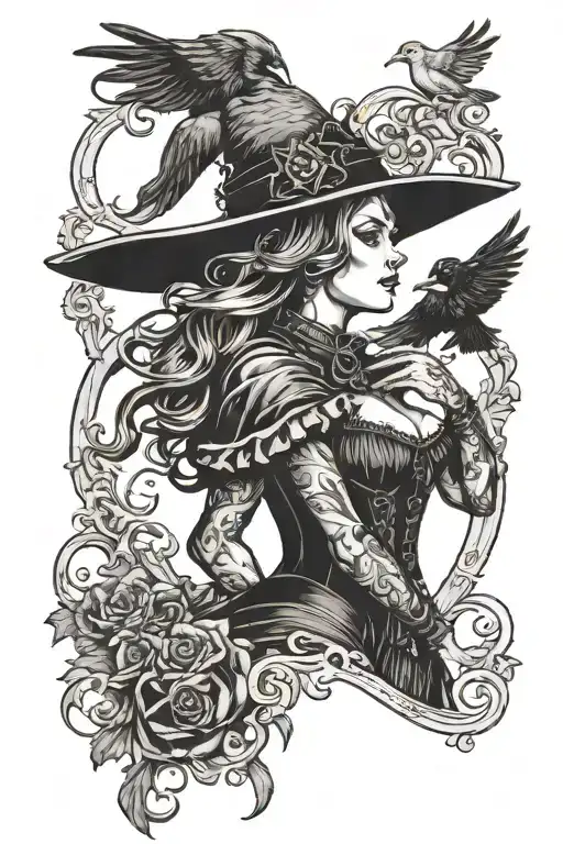 witch with crow only from the bust up, with vintage corset tattoo design idea