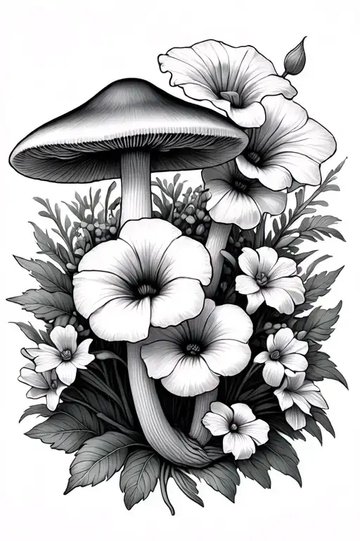 mushrooms morning glory aster  narcissus wild flowers intertwined  tattoo design idea