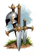 A viking sword and medeval sword stuck in the ground, with a matching helmet sitting on the handle tattoo design idea