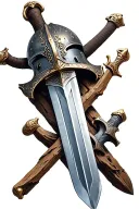 A viking sword and medeval sword stuck in the ground, with a matching helmet sitting on the handle tattoo design idea