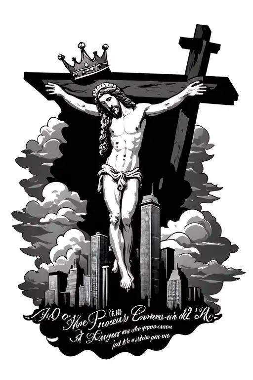 leg sleeve that includes jesus on a cross, clouds, AO1, proverbs 21:31 verse , New orleans skyline, crown tattoo design idea