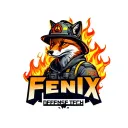 "Fenix Defense Tech" Fox wearing firefighter gear, surrounded by flames tattoo design idea