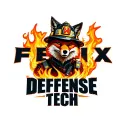 "Fenix Defense Tech" Fox wearing firefighter gear, surrounded by flames tattoo design idea