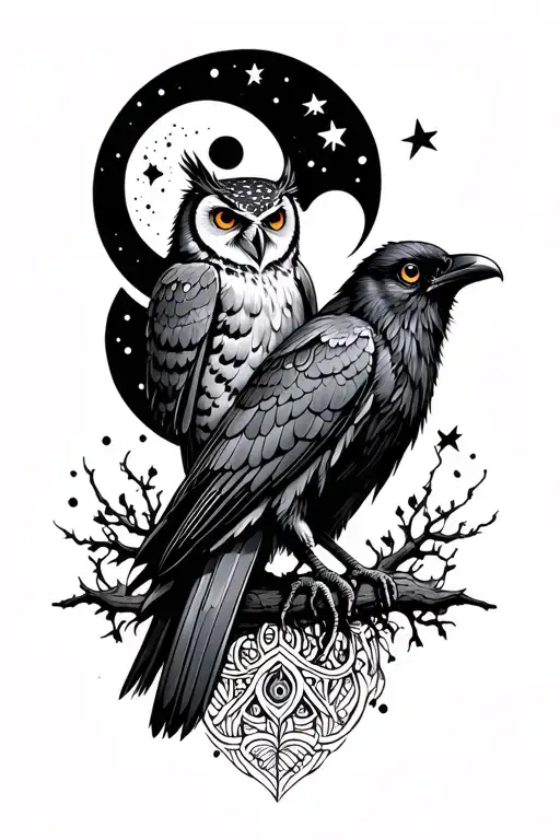 Raven thigh piece complementary to existing owl piece. Mystic design featuring moon and stars.  tattoo design idea