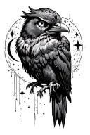 Raven thigh piece complementary to existing owl piece. Mystic design featuring moon and stars.  tattoo design idea