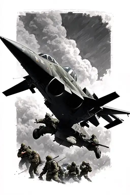 a10 warthog flying fast and shooting at a warzone with military guys tattoo design idea