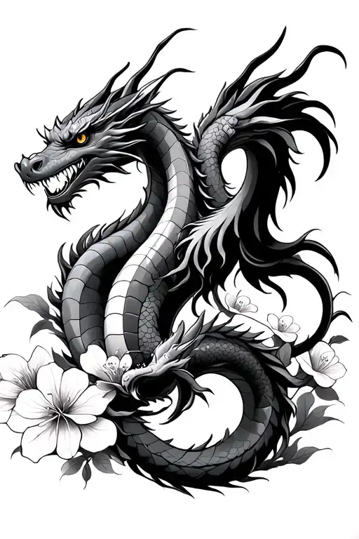 Japanese style dragons twisting around each other, with cherry blossoms around. tattoo design idea
