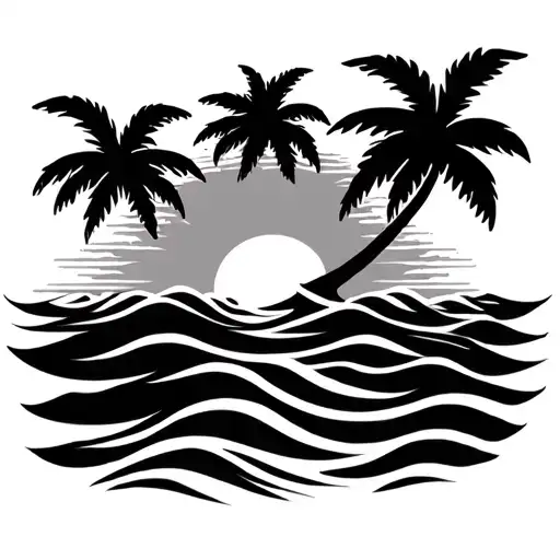 rising sun with palm trees silhouette over waves tattoo design idea