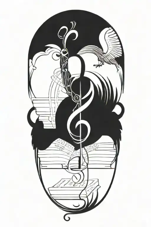 Incorporate a quill pen, book and musical notes intertwined with hindu tattoo design idea