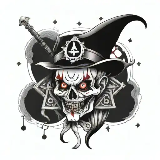 A bold tattoo design combining elements of clown imagery and symphonic metal music, with pagan symbols and a skull tattoo design idea