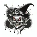 A bold tattoo design combining elements of clown imagery and symphonic metal music, with pagan symbols and a skull tattoo design idea