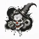 A bold tattoo design combining elements of clown imagery and symphonic metal music, with pagan symbols and a skull tattoo design idea