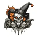 A bold tattoo design combining elements of clown imagery and symphonic metal music, with pagan symbols and a skull tattoo design idea