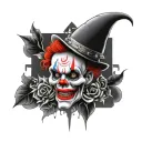 A bold tattoo design combining elements of clown imagery and symphonic metal music, with pagan symbols and a skull tattoo design idea