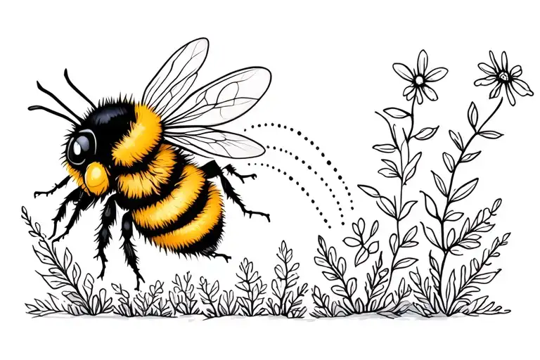 cute bumble bee with a dotted line trailing behind it surrounded by delicate plants tattoo design idea