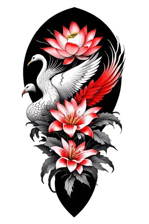multiple fine line lotus and red Lilly flowers and phoenix intertwined  tattoo design idea