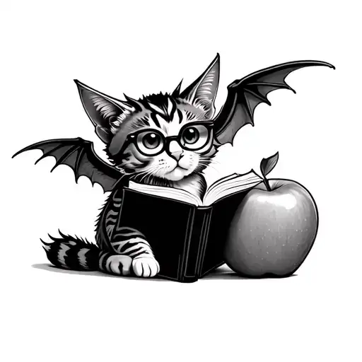 deaf cat with dragon wings and glasses reading a book near an apple  tattoo design idea