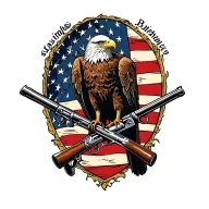 Bald Eagle perched on 2 old muskets crossed like an X with an American flag waving in the background. tattoo design idea