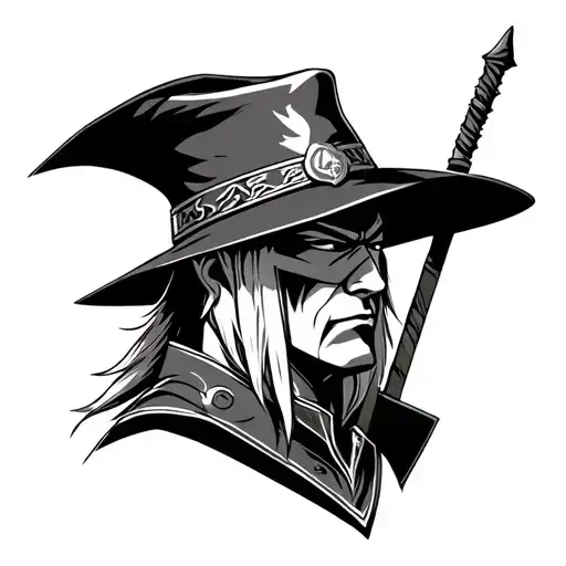 Raiden mortal Kombat character head include the hat, staff, and lightening tattoo design idea