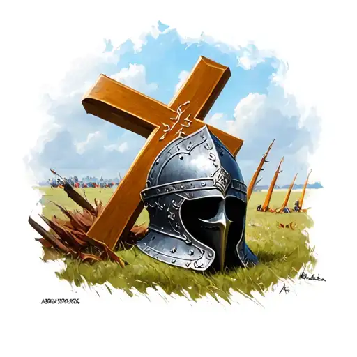 great helm with a large cross lying on the field of battle  tattoo design idea