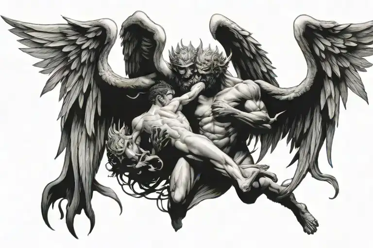 protected by angels fighting demons tattoo design idea