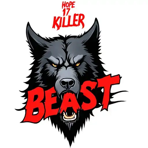 one centered black werewolf head with "Hope 17 Killer" written above in red and the word "BEAST" written below tattoo design idea