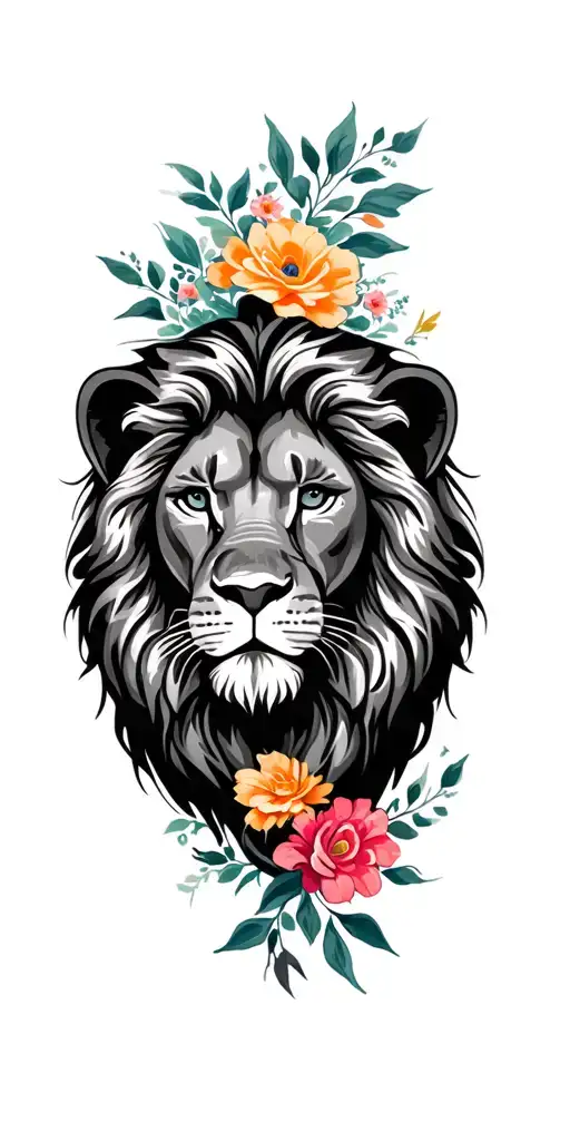 Leo lion with flowers tattoo design idea