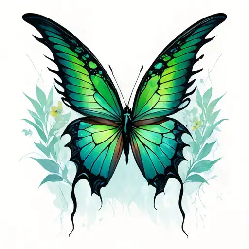 goth butterfly with green and Alexandra  colored wings  tattoo design idea