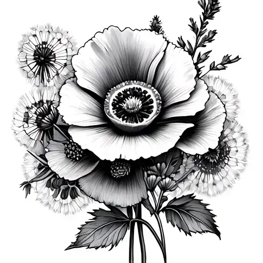 flower bouquet,poppy, dandelion, lavendar, passionfruit flower tattoo design idea